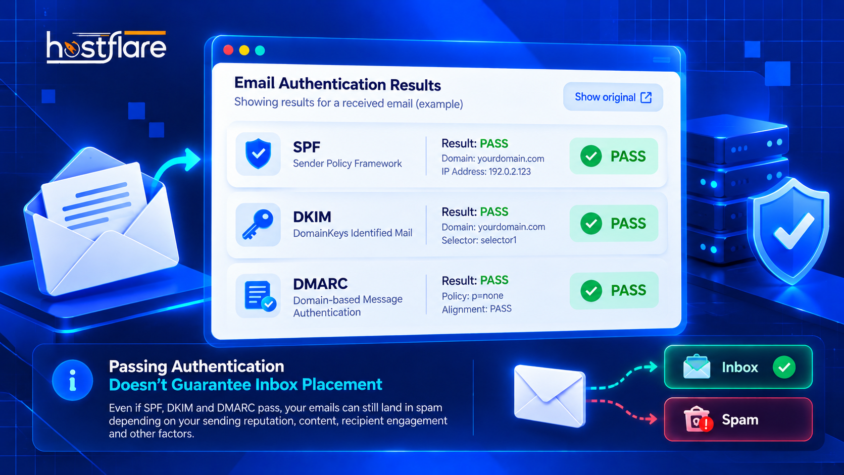 Illustrative email authentication report showing SPF PASS, DKIM PASS and DMARC PASS