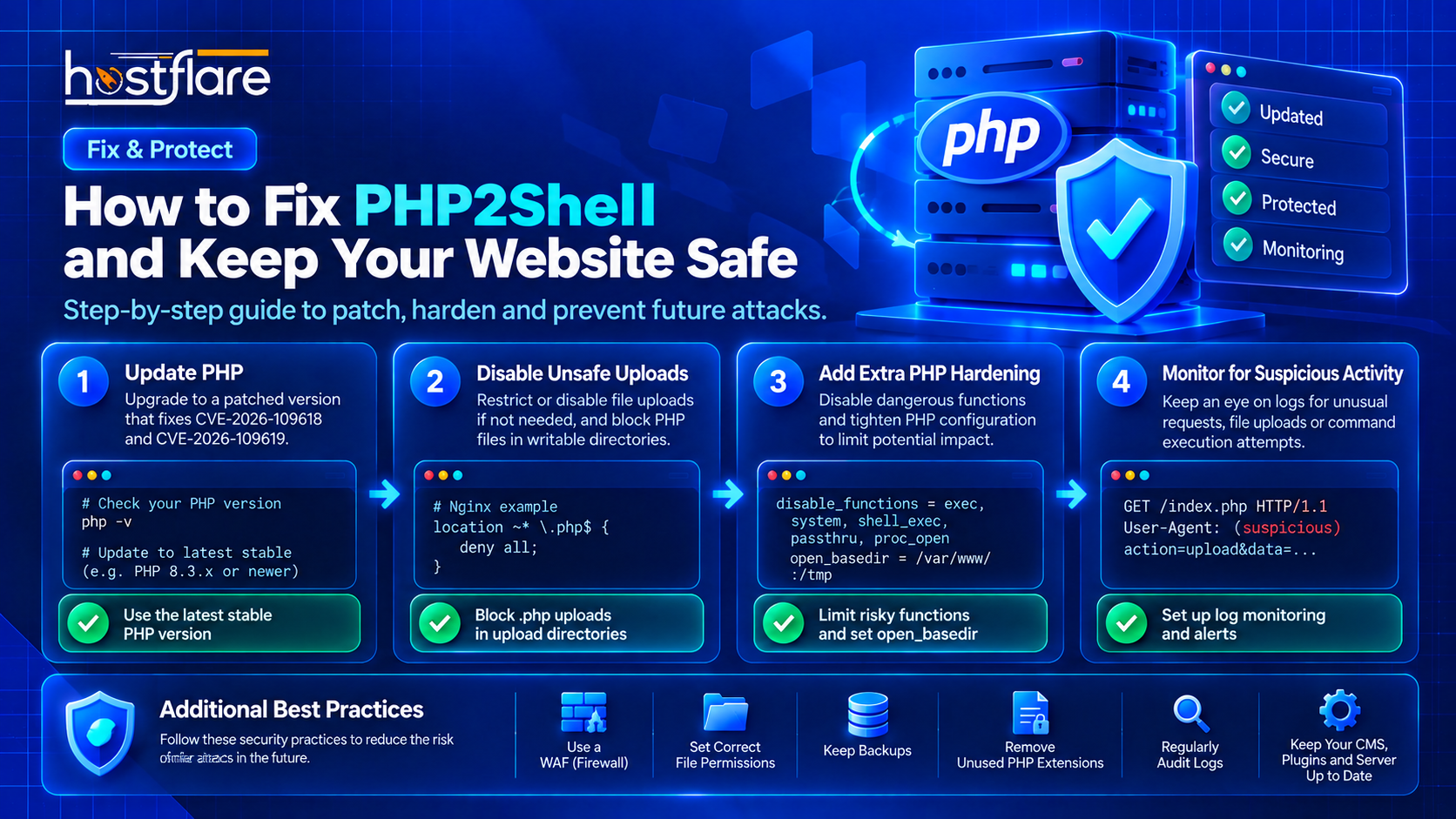 PHP2Shell remediation overview showing PHP updates, configuration review and monitoring